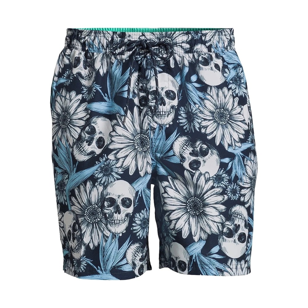 No Boundaries Mens Swim Shorts Size L Black Print Elastic Waist UPF 50 Summer